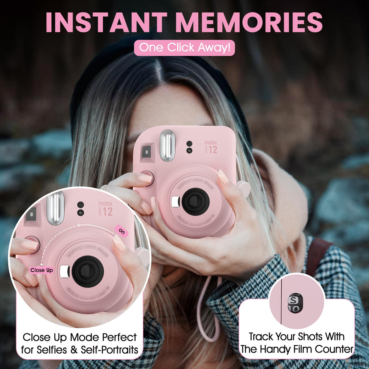 Optical viewfinder on the Fujifilm Instax Mini 12 aids framing.