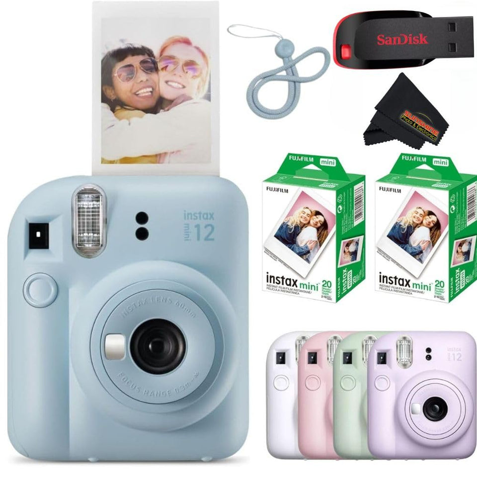 Fujifilm Instax Mini 12 pastel blue camera for quick on-the-go keepsakes.