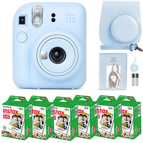 Fujifilm Instax Mini 12 pastel blue camera front view for instant photos.
