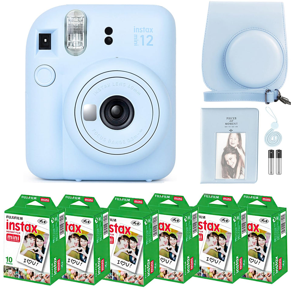 Fujifilm Instax Mini 12 pastel blue camera front view for instant photos.