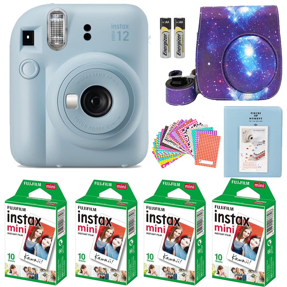 Fujifilm Instax Mini 12 pastel blue front view, compact design ideal for on-the-go memories.