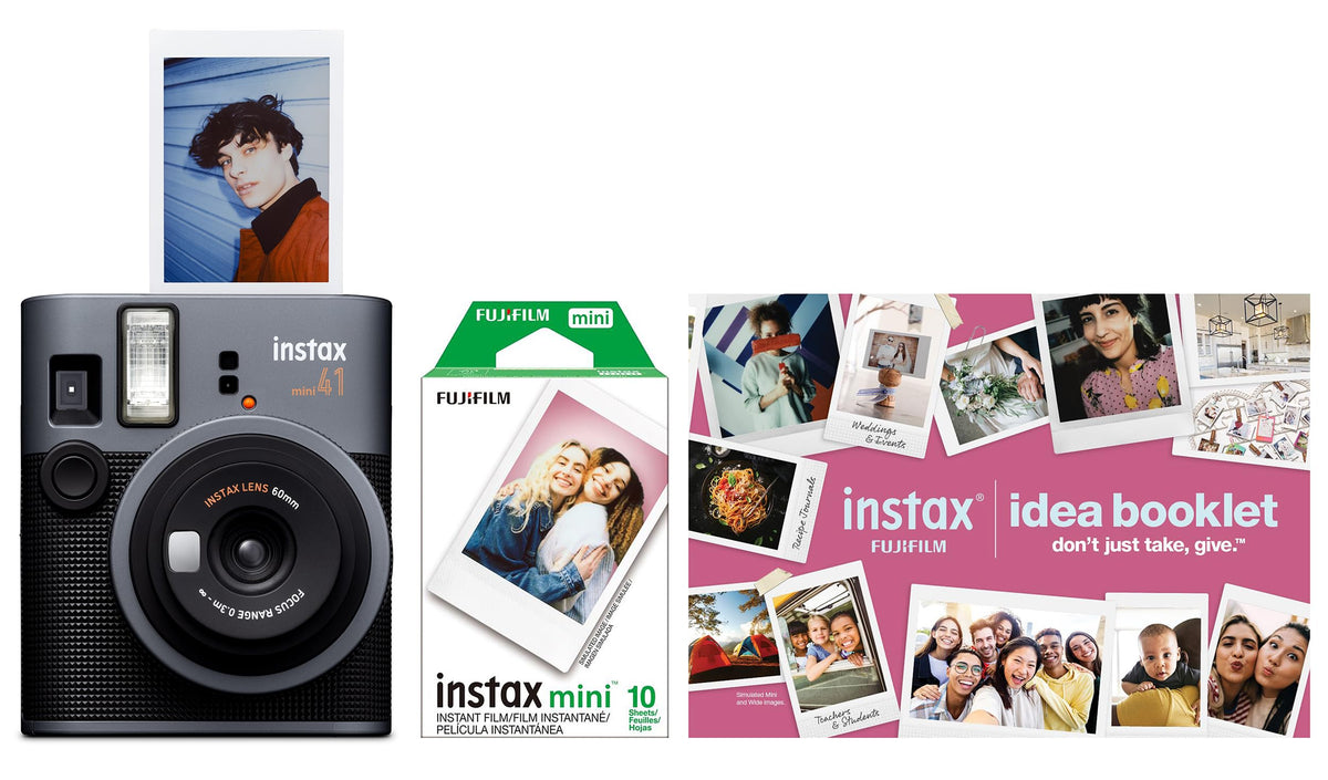 Fujifilm Instax Mini 41 bundle front view with built-in selfie mirror for easy selfies