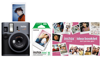 Fujifilm Instax Mini 41 bundle front view with built-in selfie mirror for easy selfies
