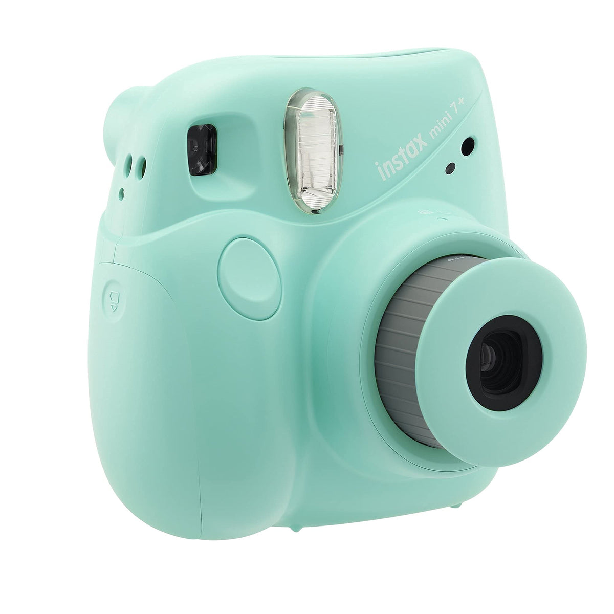Fujifilm Instax Mini 7+ back view in Seafoam Green showcases compact retro aesthetics