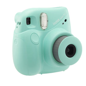 Fujifilm Instax Mini 7+ back view in Seafoam Green showcases compact retro aesthetics