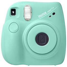 Fujifilm Instax Mini 7+ front view in Light Pink highlights portable, beginner-friendly design