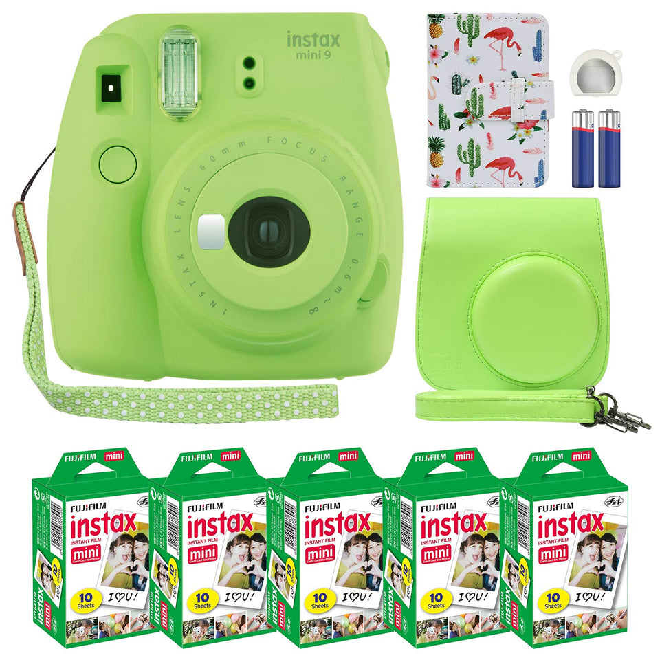 Fujifilm Instax Mini 9 lime green camera with self-portrait framing