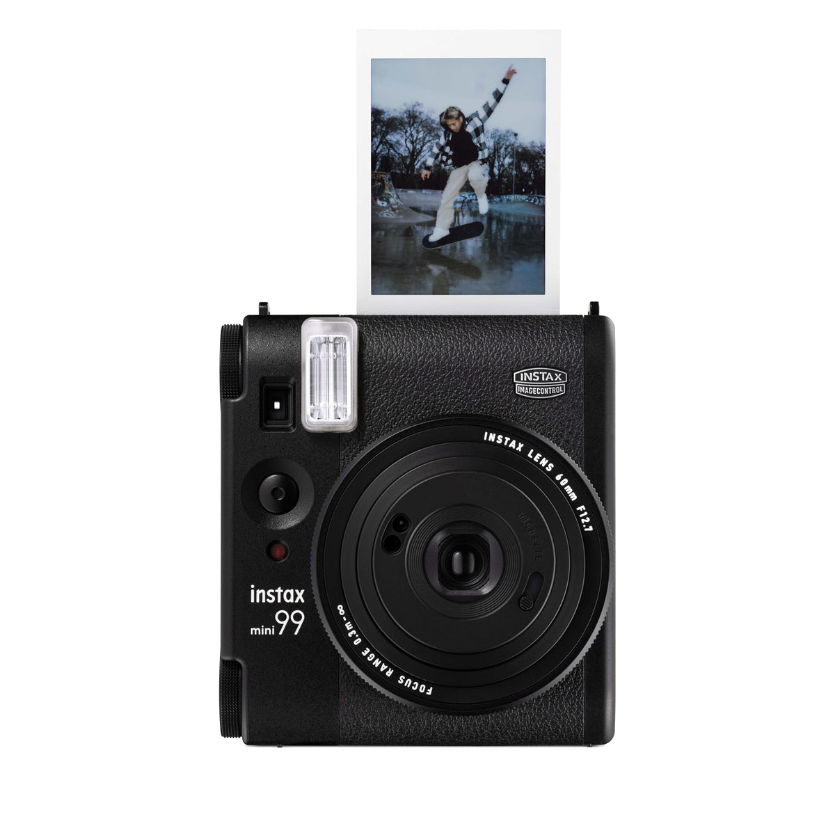 Fujifilm Instax Mini 99 in matte black, stylish instant camera for on-the-go photography.