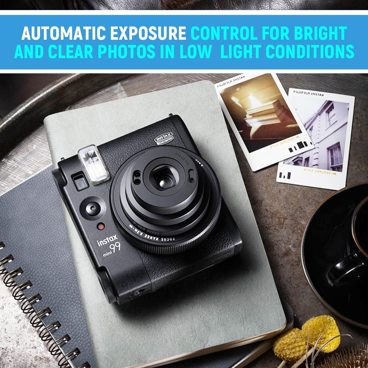 Fujifilm Instax Mini 99 camera side view highlights compact form ideal for travel.