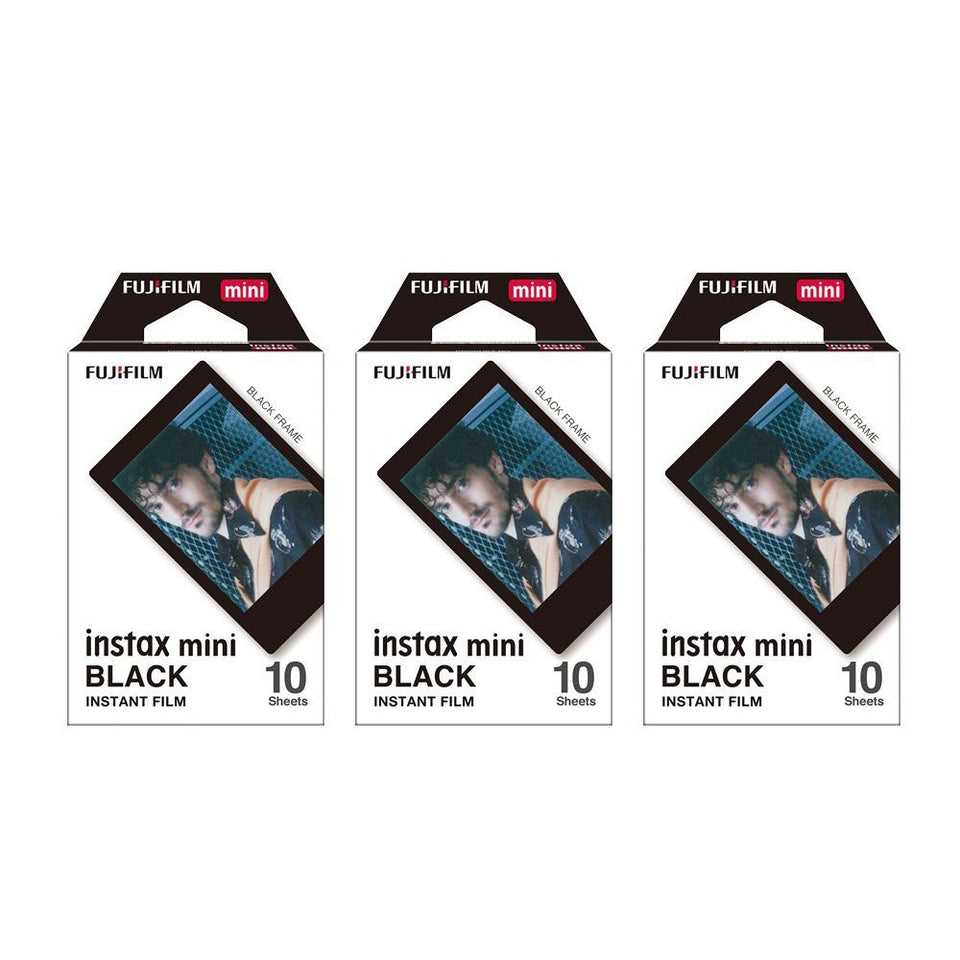 Fujifilm Instax Mini black frame front packaging showing product and quantity benefit
