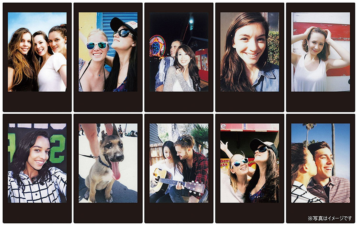 Fujifilm Instax Mini black frame lifestyle at party showing instant prints for sharing benefit