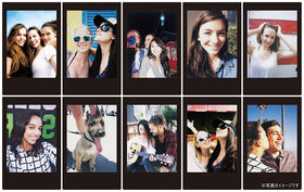 Fujifilm Instax Mini black frame lifestyle at party showing instant prints for sharing benefit