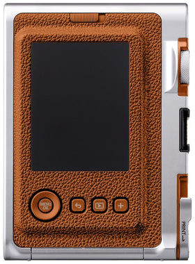 Fujifilm Instax Mini EVO brown back view; prints ready for sharing on the go.
