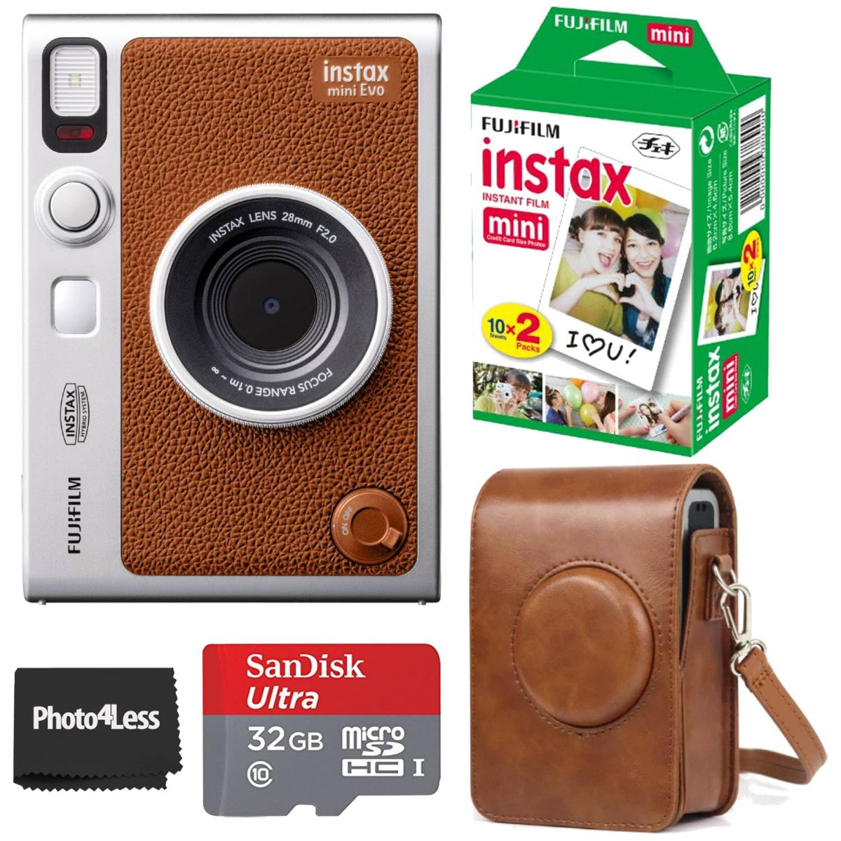 Fujifilm Instax Mini EVO brown front view showing compact retro design for instant prints.