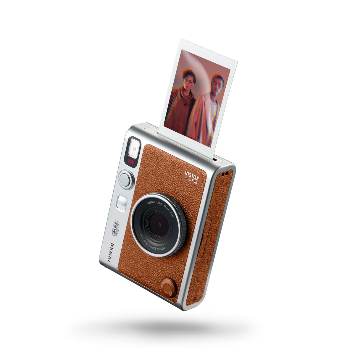 Fujifilm Instax Mini EVO brown with macro mode control for close-up shots.