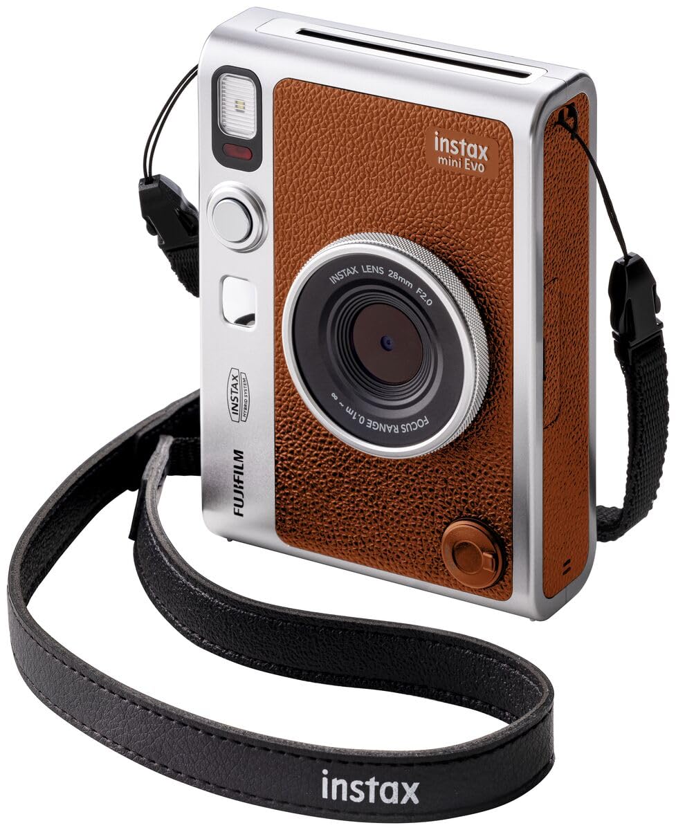 Fujifilm Instax Mini EVO brown side view highlights tactile controls for effects.