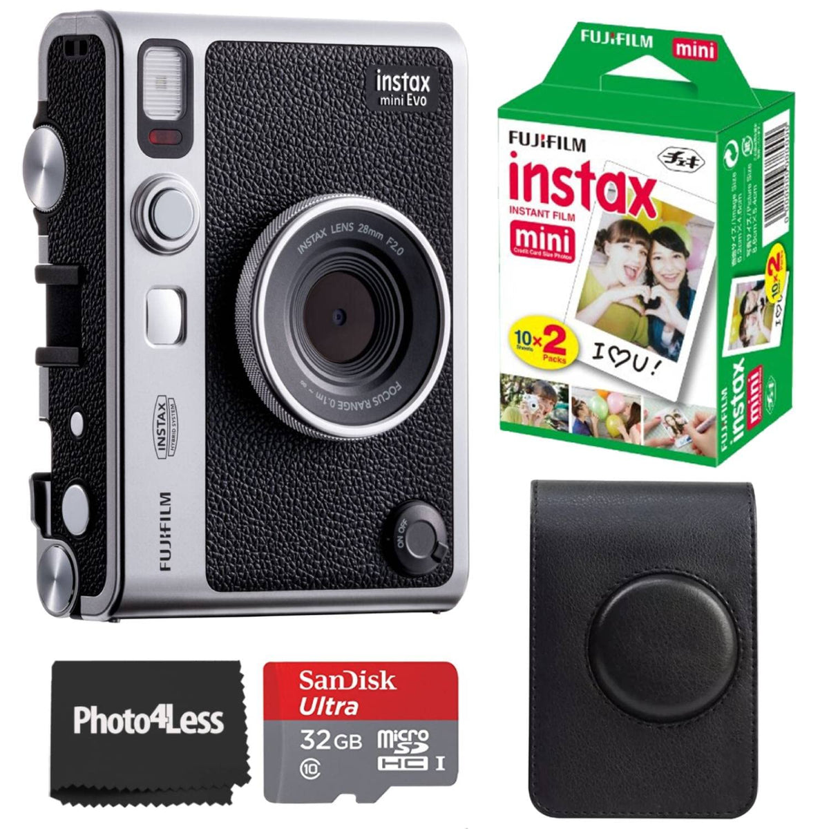 Fujifilm Instax Mini EVO front view in black, compact for on-the-go photography