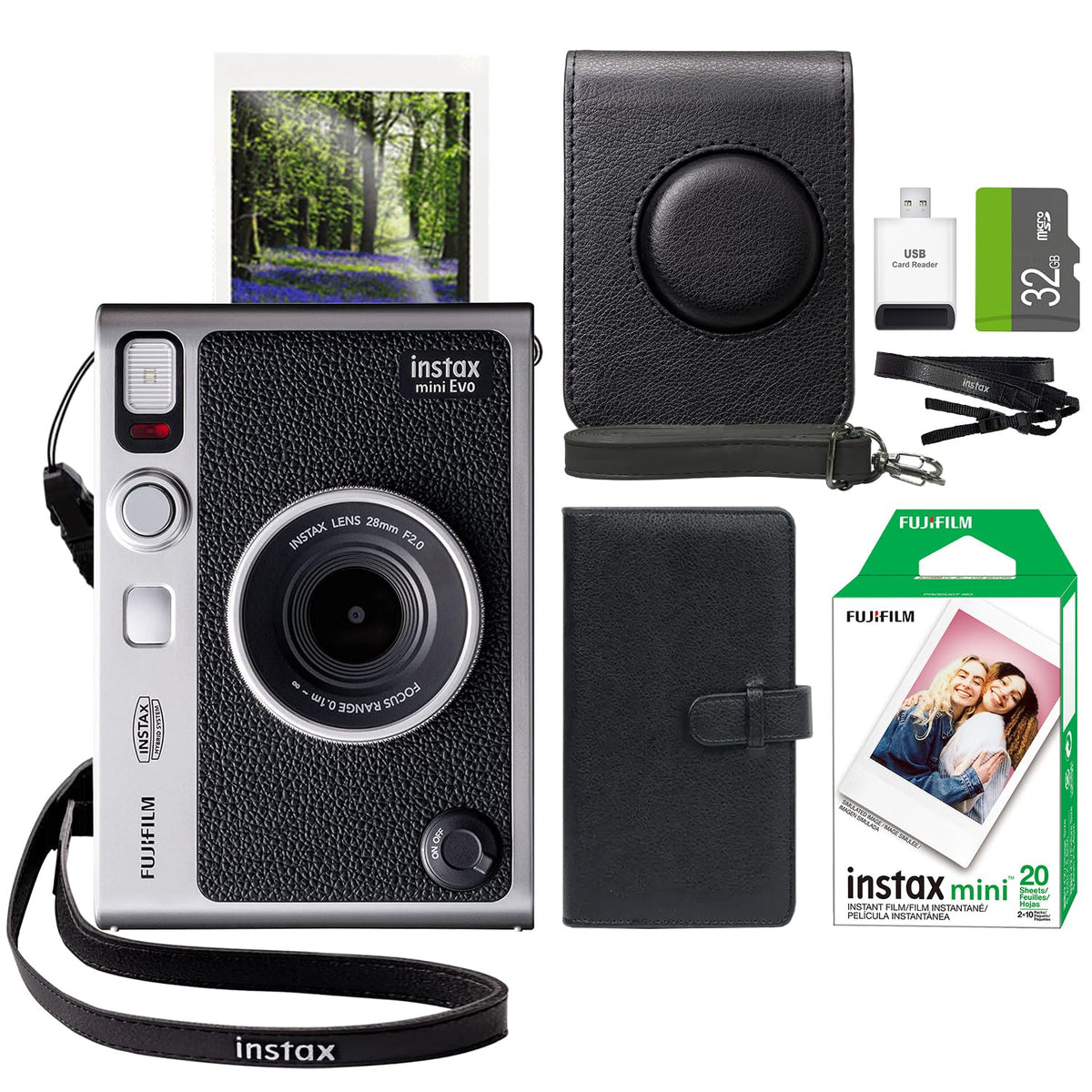 Fujifilm Instax Mini EVO camera front view highlights hybrid printing capability.