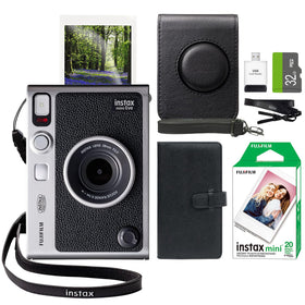 Fujifilm Instax Mini EVO camera front view highlights hybrid printing capability.