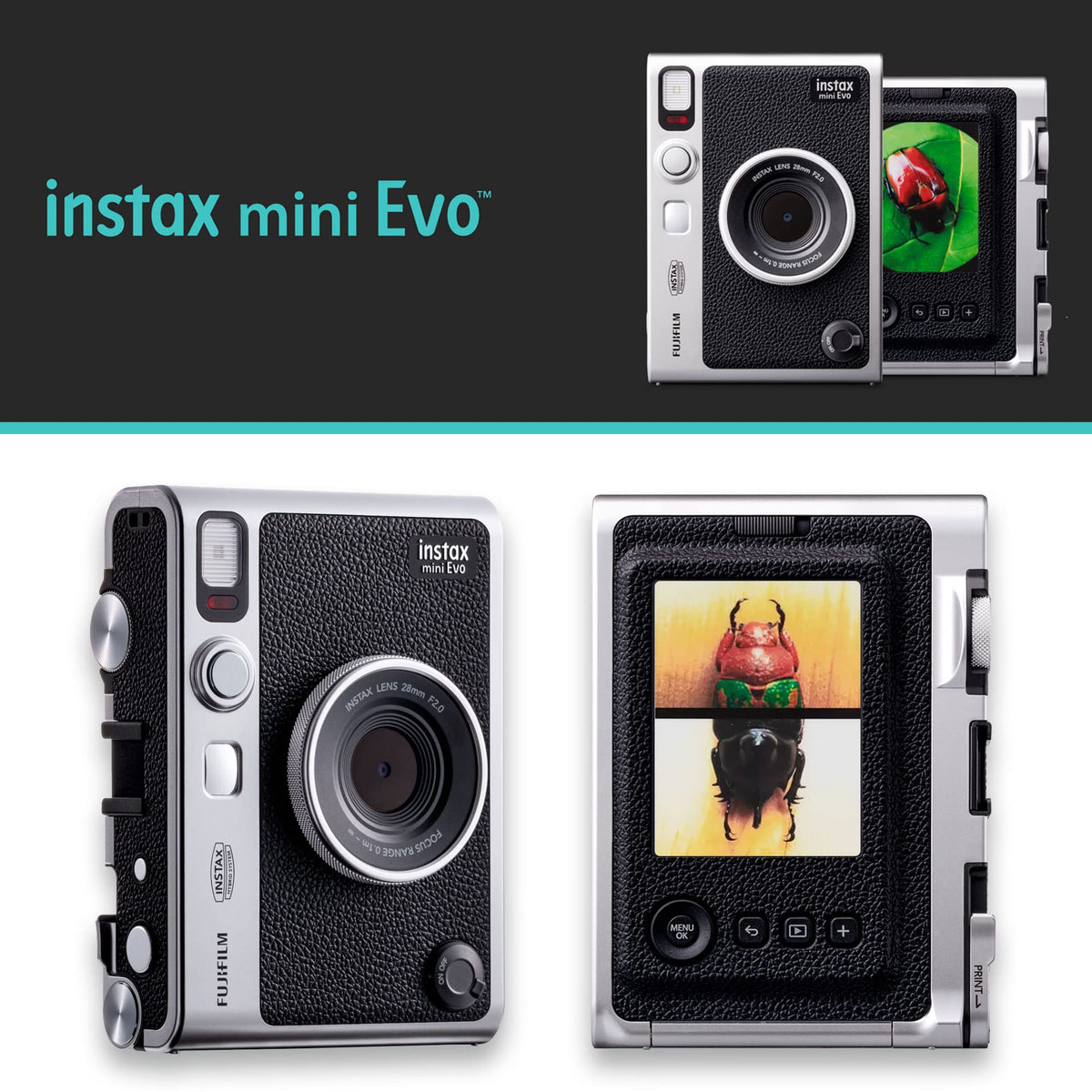 Instax Mini EVO dial and lens controls for creative adjustments
