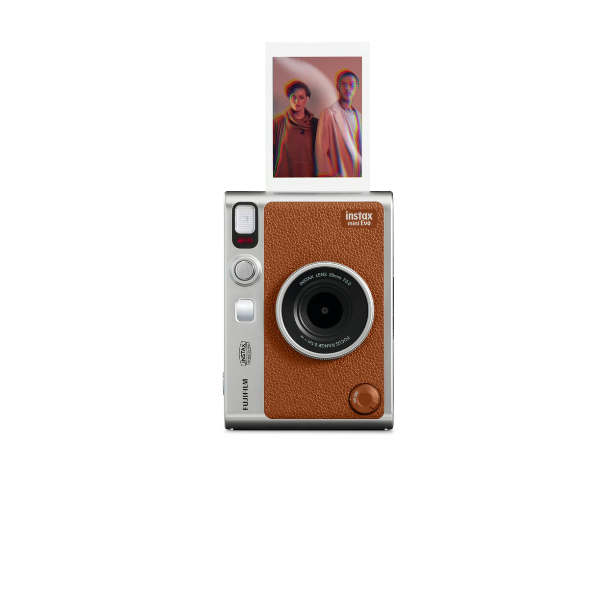 Fujifilm Instax Mini EVO front brown view showing compact hybrid camera for creative instant photos