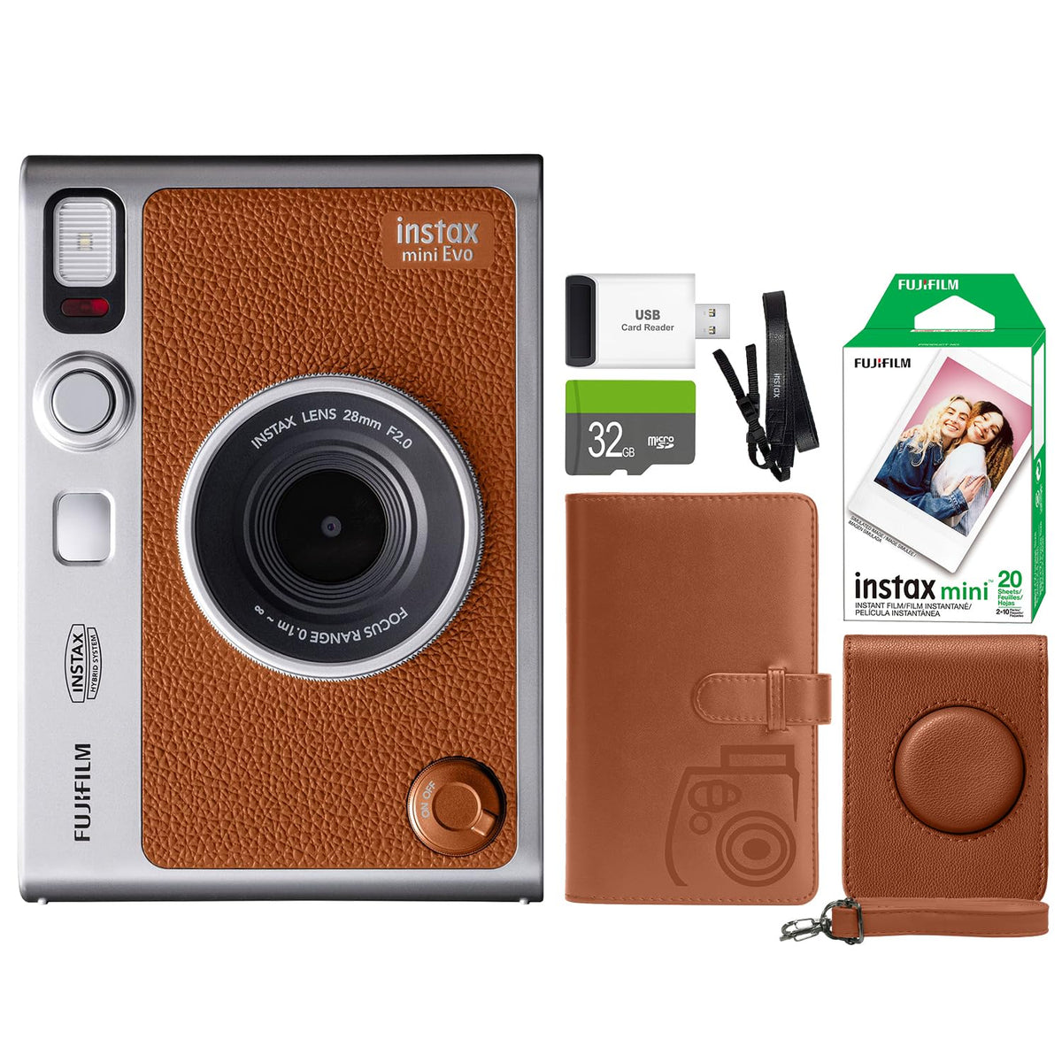 FUJIFILM INSTAX Mini EVO front view shows a stylish hybrid instant camera for on-the-go printing