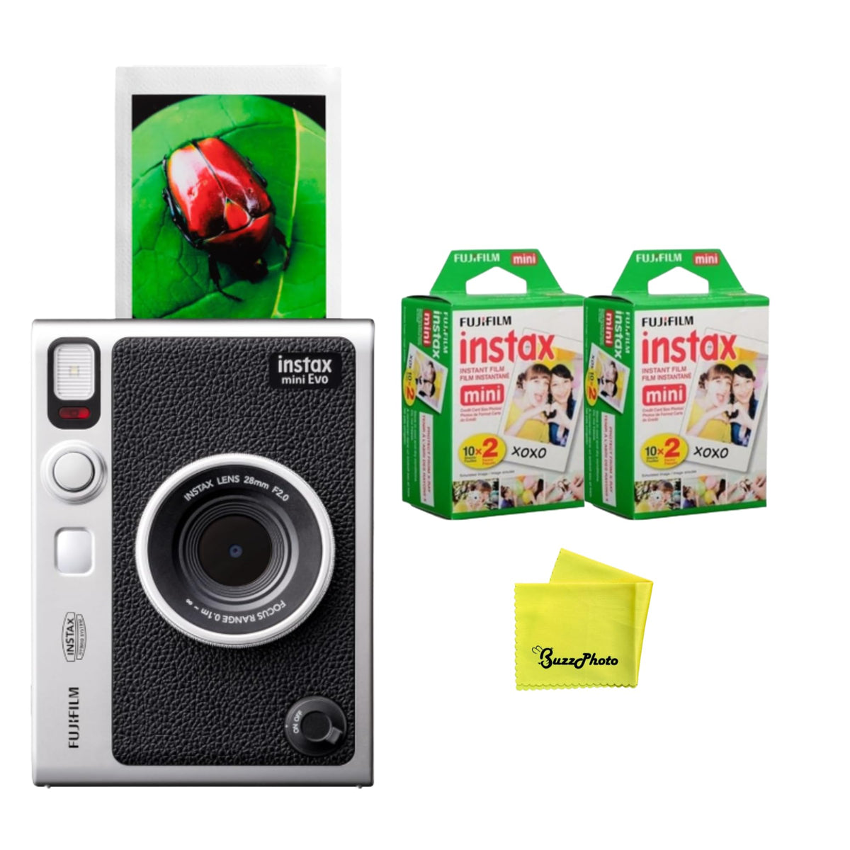 Fujifilm Instax Mini EVO front view, compact hybrid instant camera for quick prints