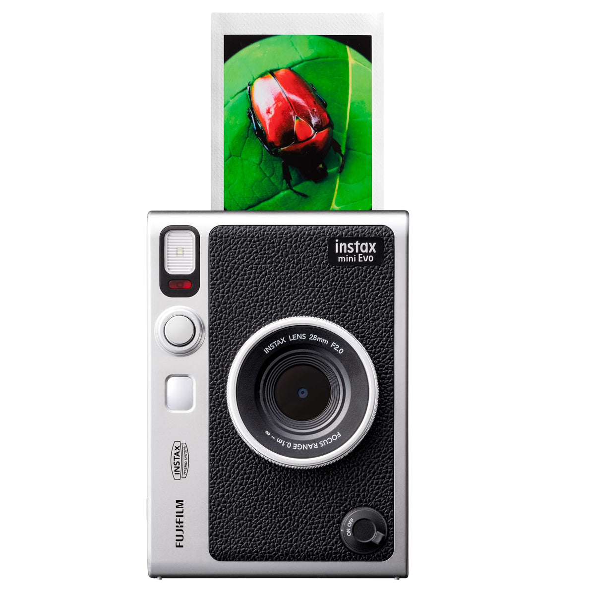 Fujifilm Instax Mini EVO camera shown in close-up, highlighting its hybrid instant film capability.