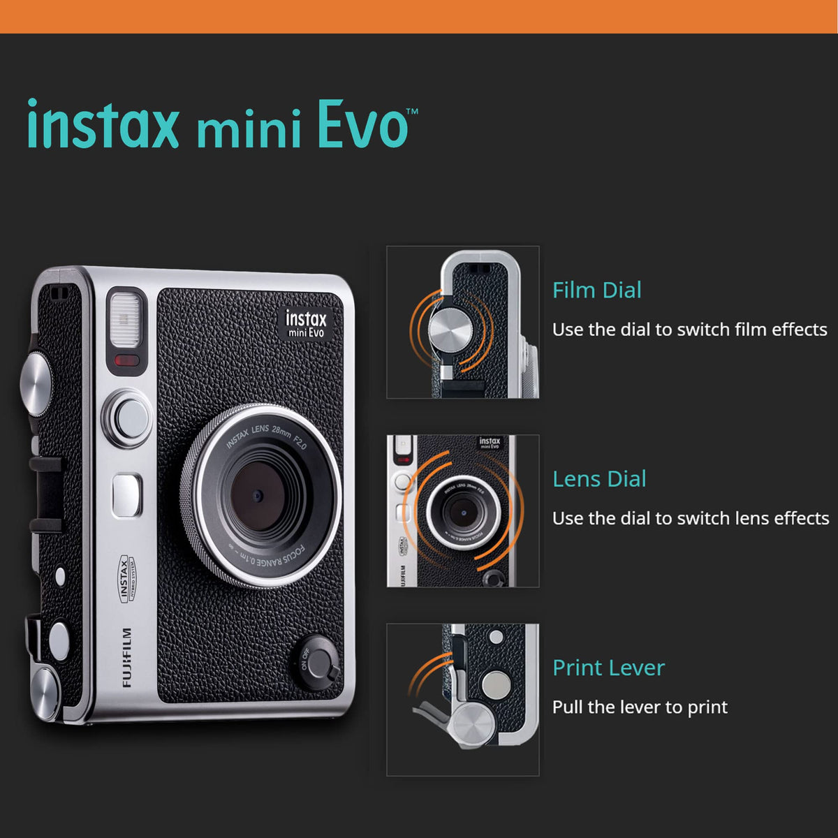 Instax Mini EVO LCD screen showing quick settings in use