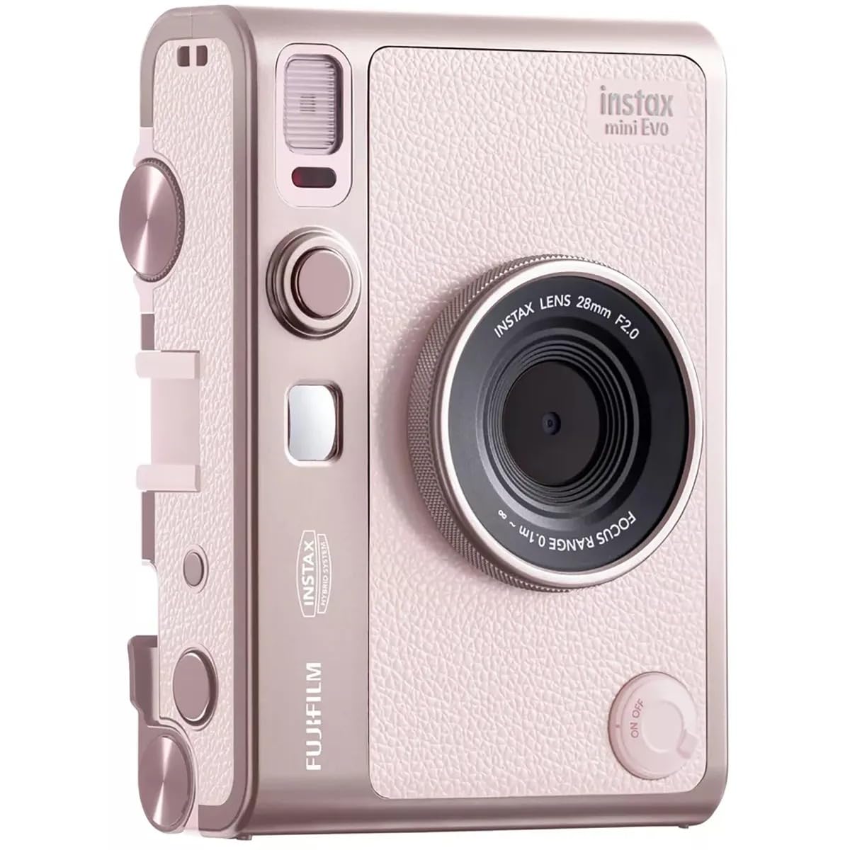 Fujifilm Instax Mini Evo pink automatic exposure adapts to light for balanced captures.