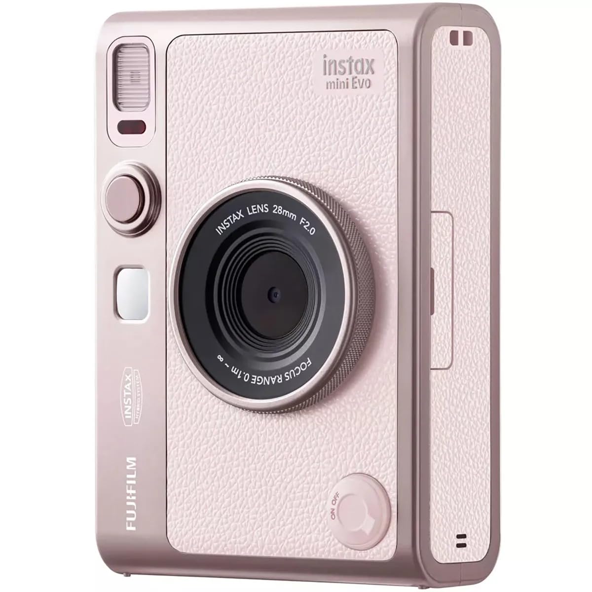 Fujifilm Instax Mini Evo pink 2.7-inch LCD preview for accurate framing.