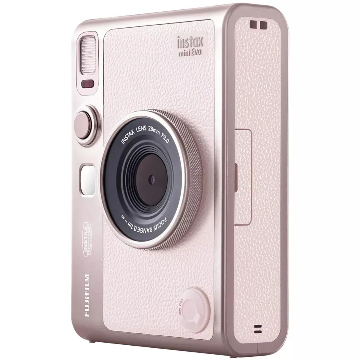 Fujifilm Instax Mini Evo pink internal memory stores up to 45 images for quick sharing.