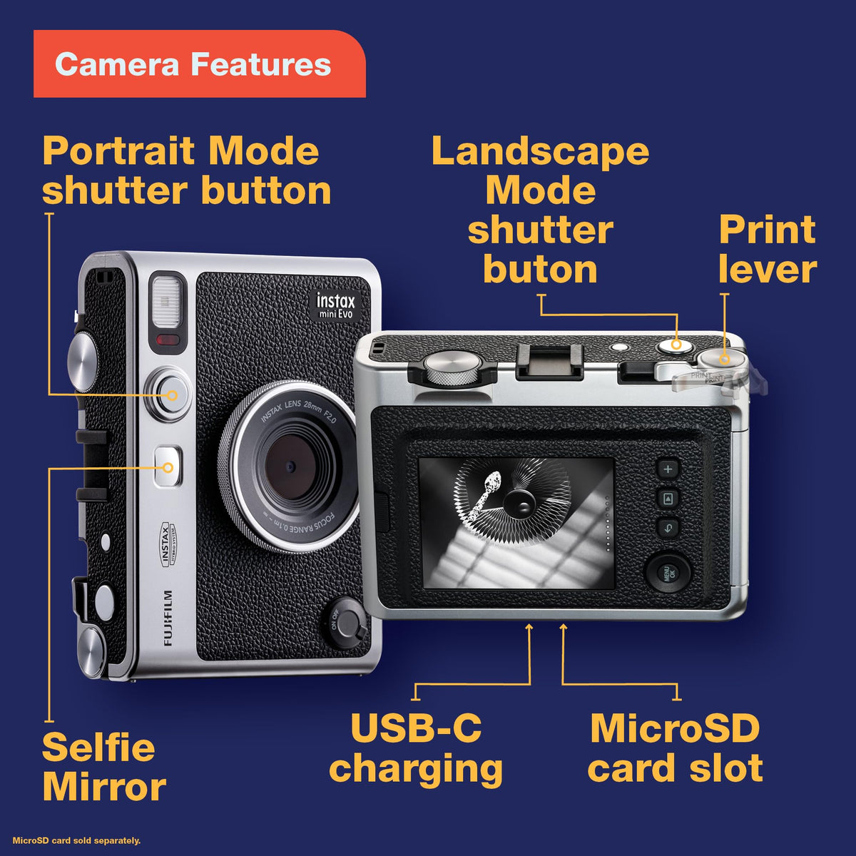 Built-in selfie mirror on the Instax Mini EVO ensures you’re perfectly framed.