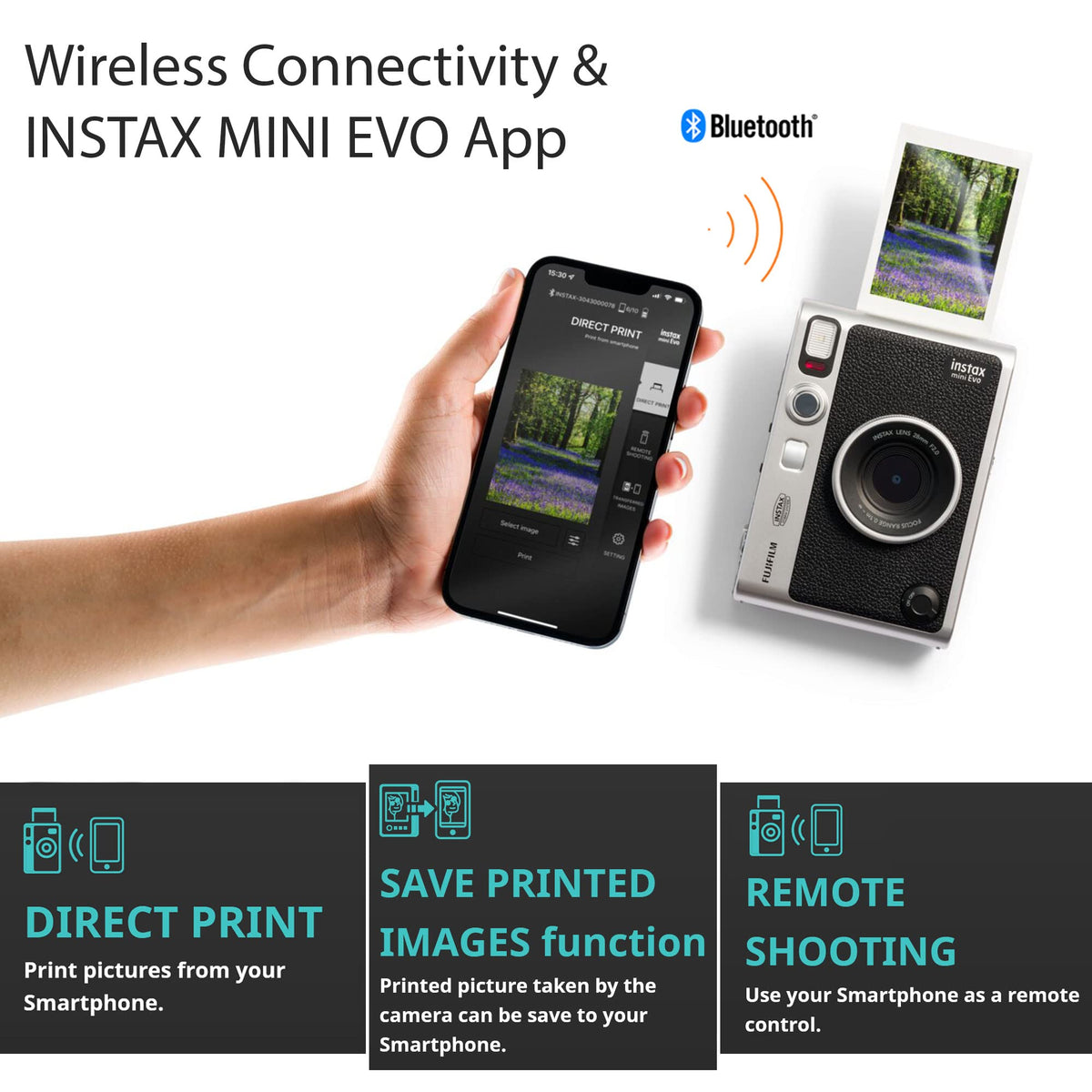 Smartphone app paired with Instax Mini EVO for easy sharing