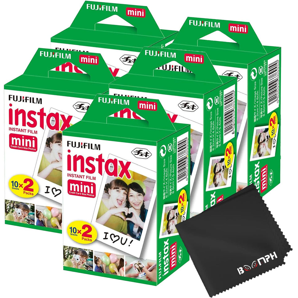 Fujifilm Instax Mini film packaging showing a 100-shot pack for instant memories.
