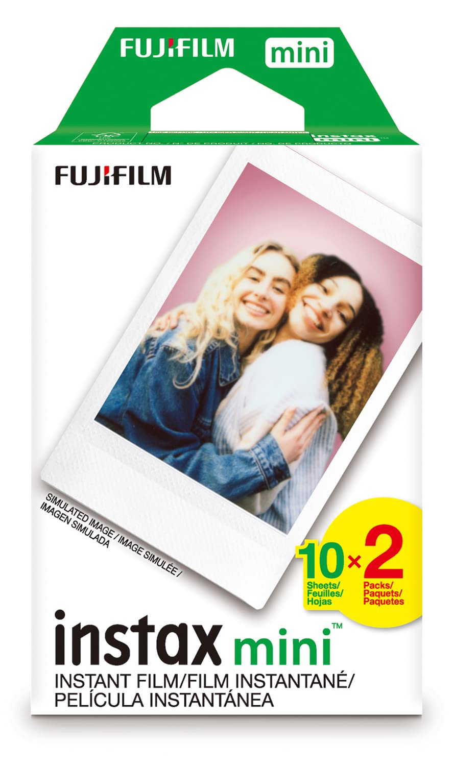 Fujifilm Instax Mini film pack with 20 exposures for quick, vibrant instant portraits.