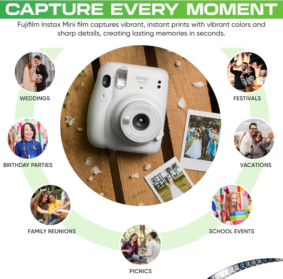Fujifilm Instax Mini film easy load design for quick shooting.