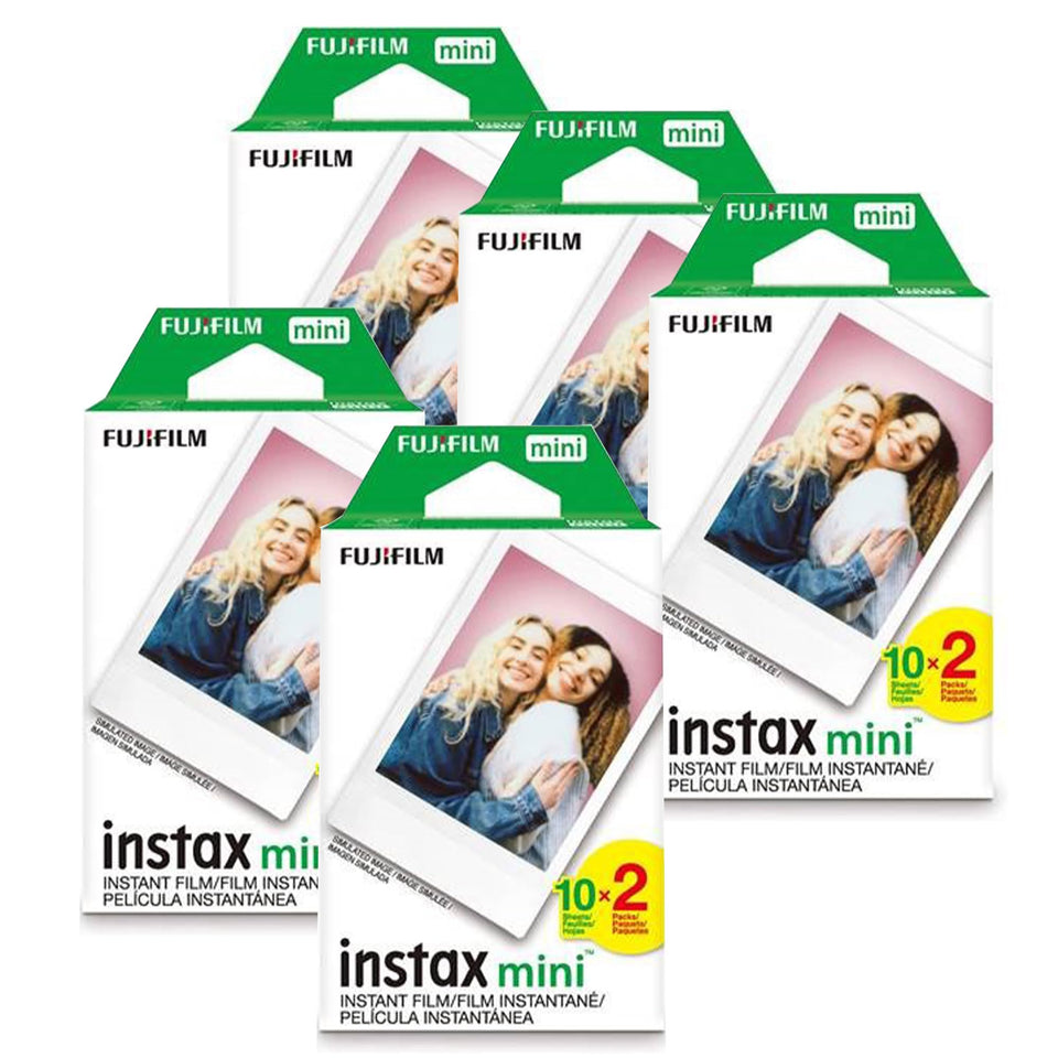 Fujifilm Instax Mini film packaging showing 10 boxes and 100 sheets.