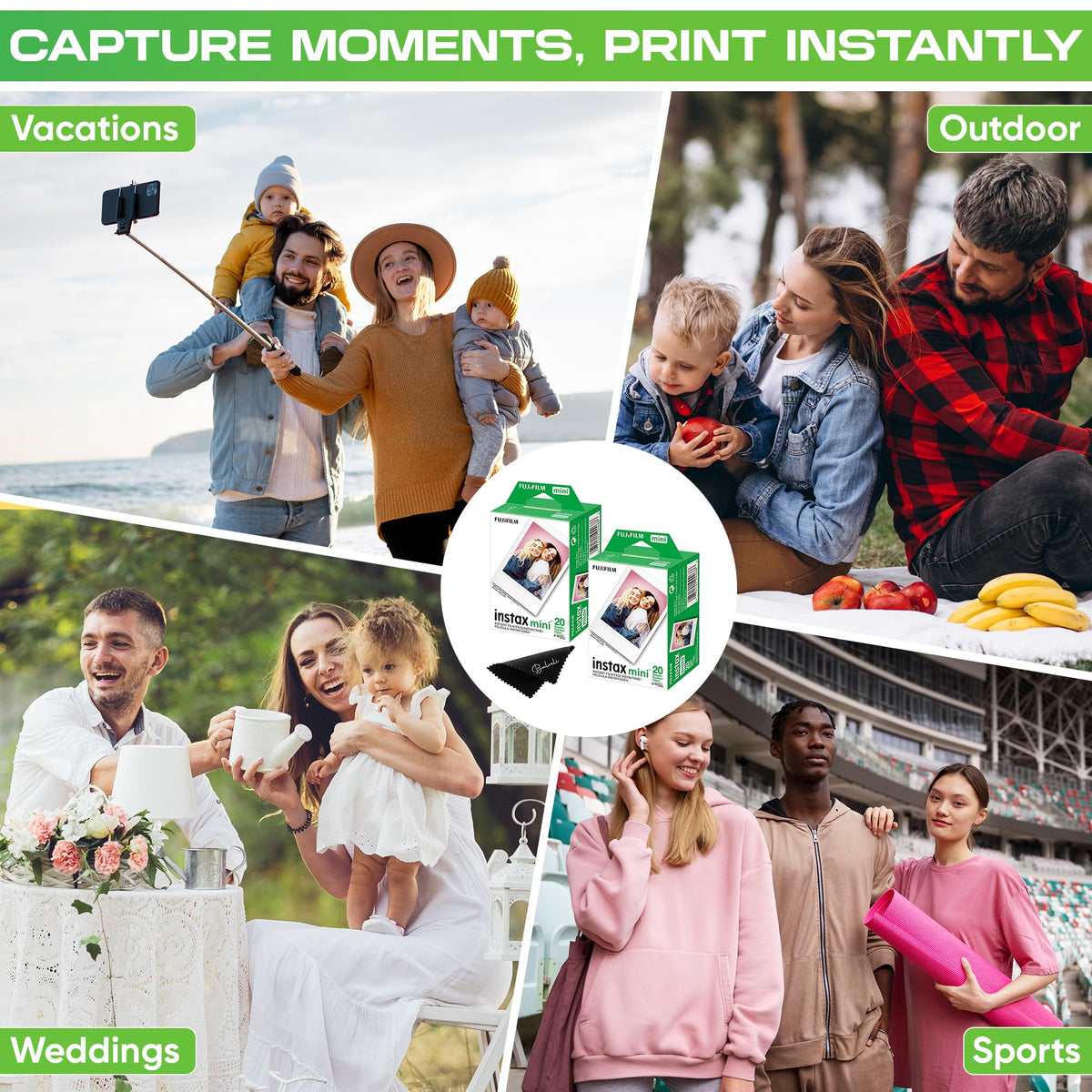 Fujifilm Instax prints beside Balveli cloth for clean, smudge-free photos