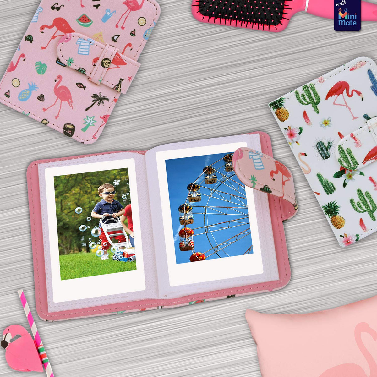 Fujifilm Instax Mini Flamingo album demonstrates ready-to-share instant photos.