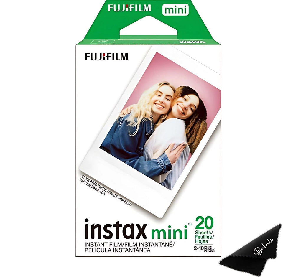 Fujifilm Instax Mini front packaging showing twin film packs and cloth, clear product view and benefits