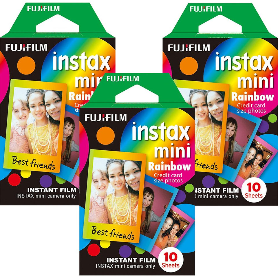Fujifilm Instax Mini front packaging showing five film boxes and benefit of variety