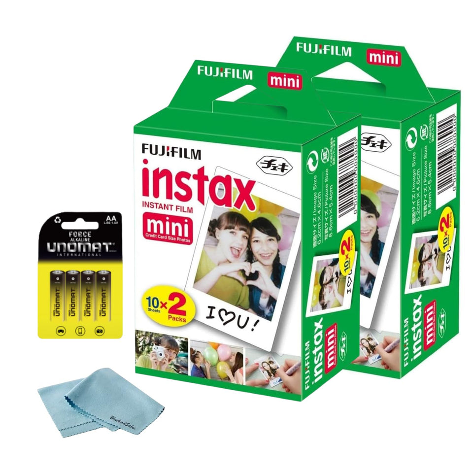Fujifilm Instax Mini front packaging showing 40 shots and bundle benefits