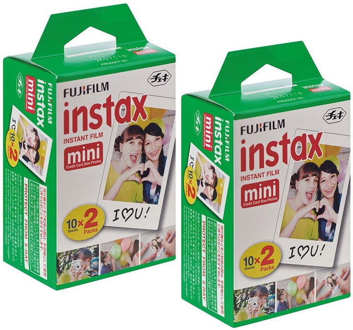 Fujifilm Instax Mini twin pack front packaging showing 40-shot bundle and benefits