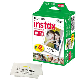 Fujifilm INSTAX Mini front packaging showing 20-sheet cartridge and microfiber cloth benefits portability