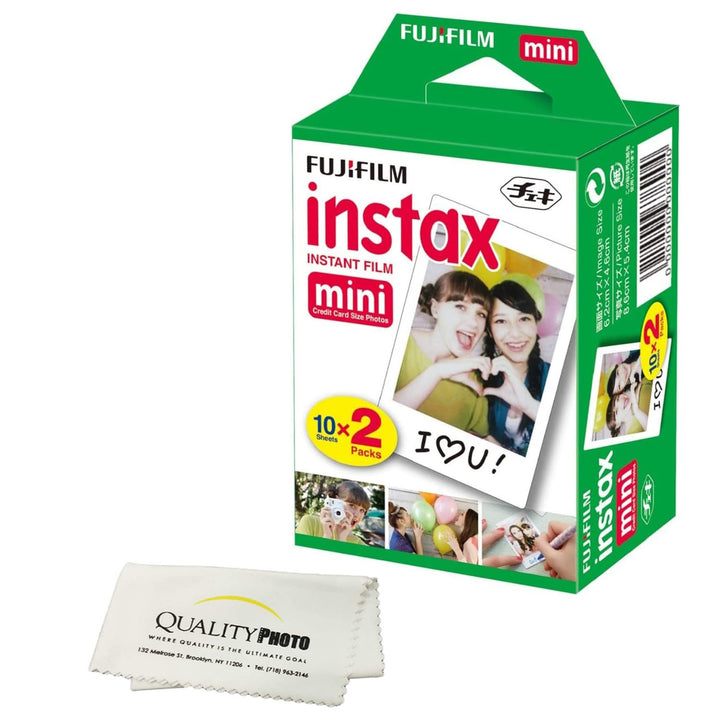 Fujifilm INSTAX Mini front packaging showing 20-sheet cartridge and microfiber cloth benefits portability