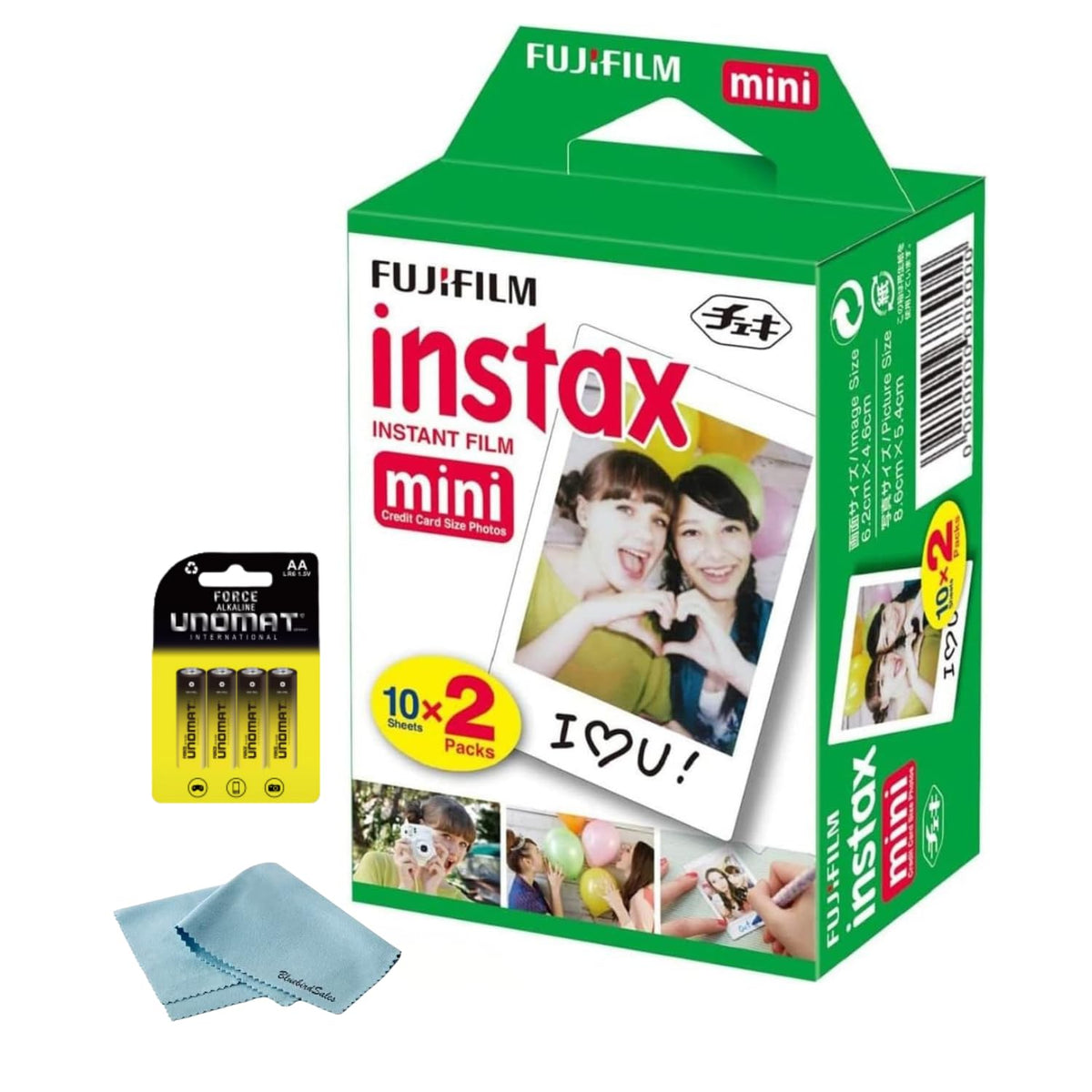 Fujifilm Instax Mini front packaging showing included film and accessories, ready to shoot