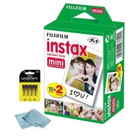 Fujifilm Instax Mini front packaging showing included film and accessories, ready to shoot