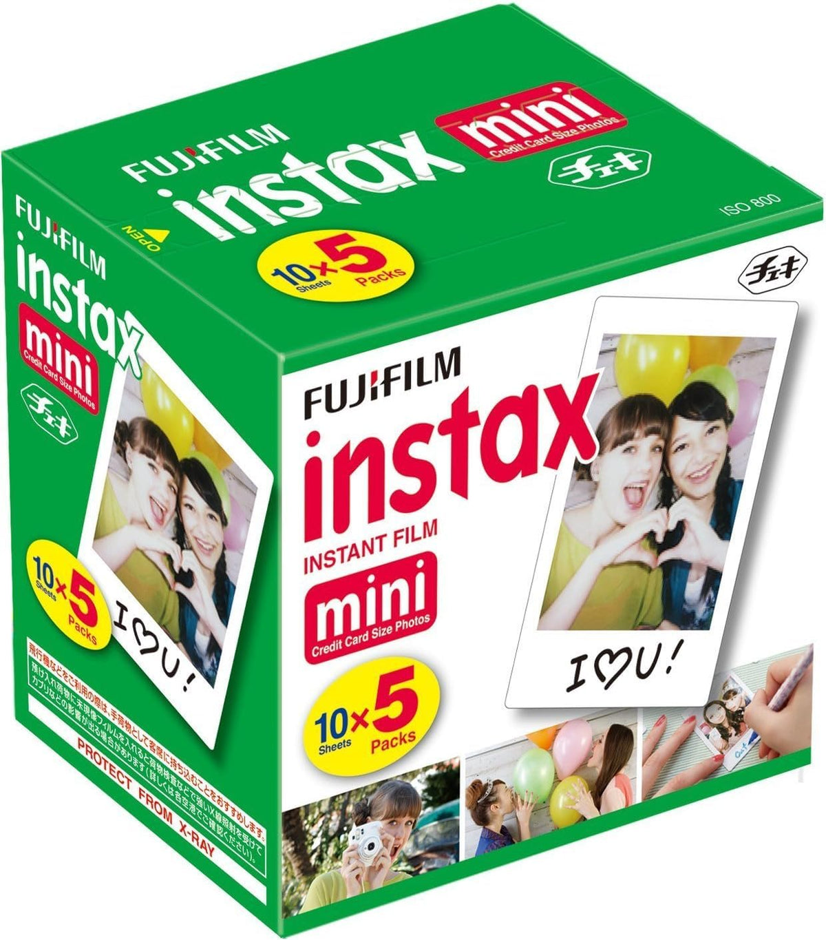 Fujifilm Instax Mini front packaging showing five 10-sheet packs, convenient supply
