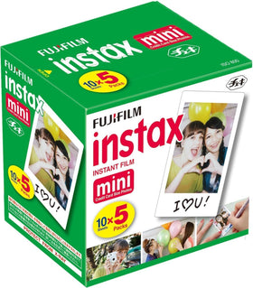 Fujifilm Instax Mini front packaging showing five 10-sheet packs, convenient supply